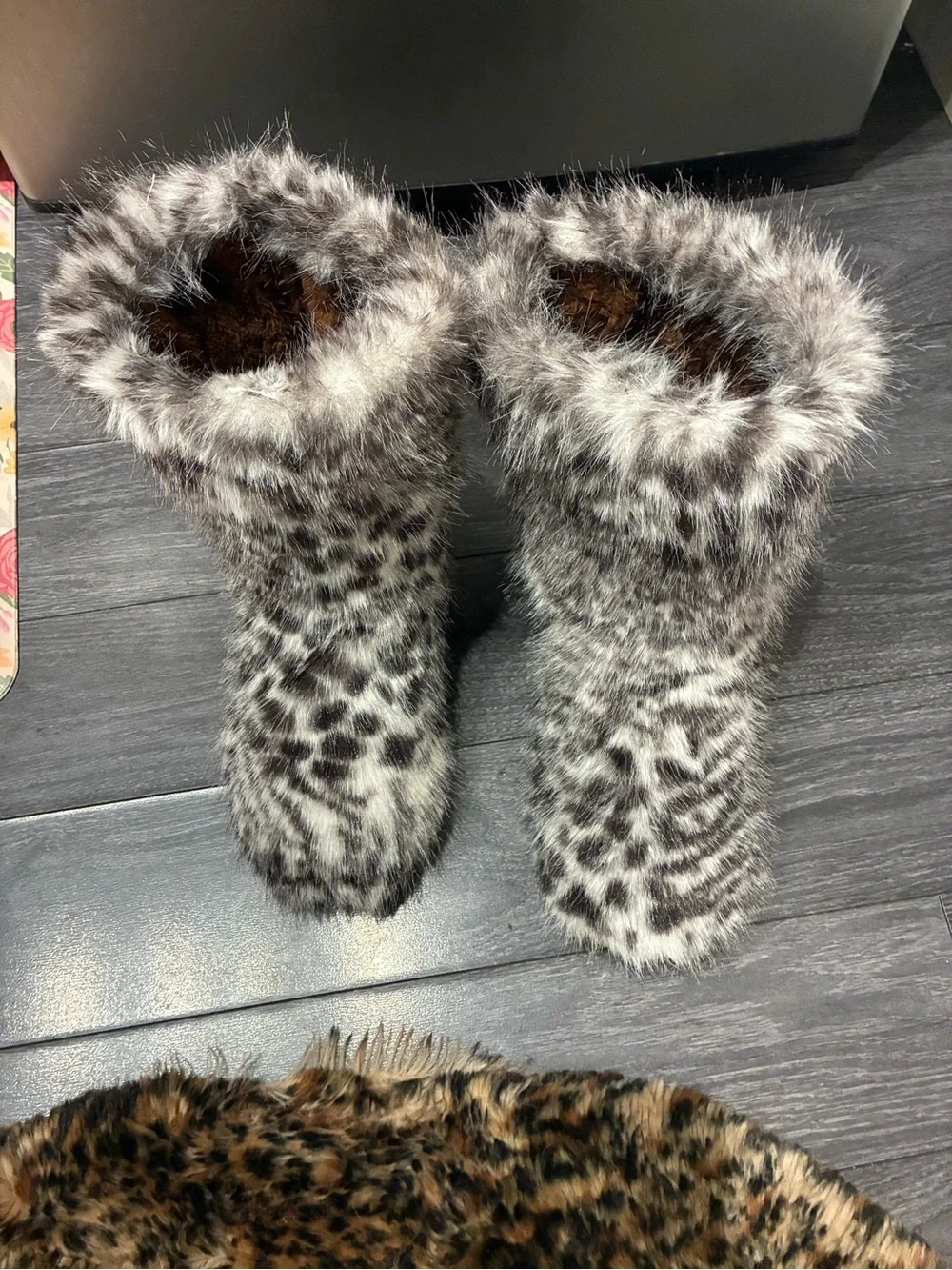 Fashion Nova Leopard Print Faux Fur Ankle Booties in Brown and White